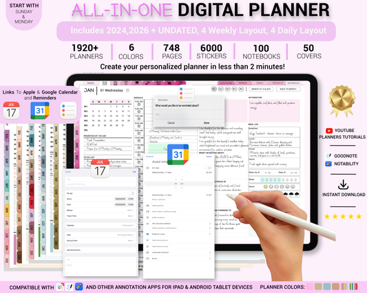 Digital Planner 2024 2025 2026 & Undated No spread | Goodnotes, iPad, Notability | Daily, Weekly, Monthly Planner | Digital Stickers & Calenda